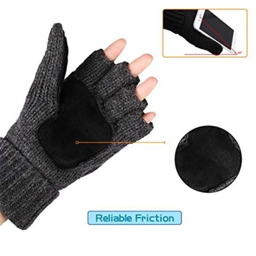 Winter Gloves Men Women Fingerless Mittens Convertible Wool Knitted Warm Thermal